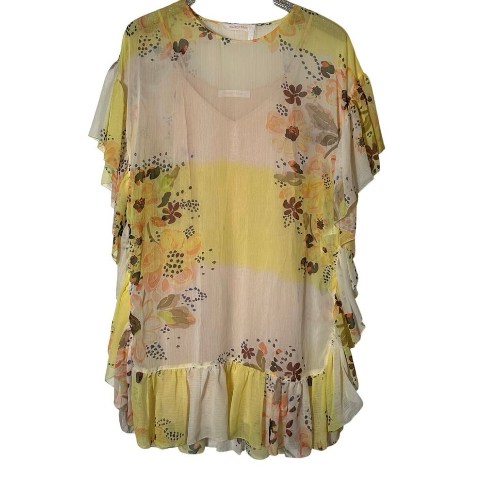 See By Chloe Pastel Yellow Pink Floral Print Ruffle Dress